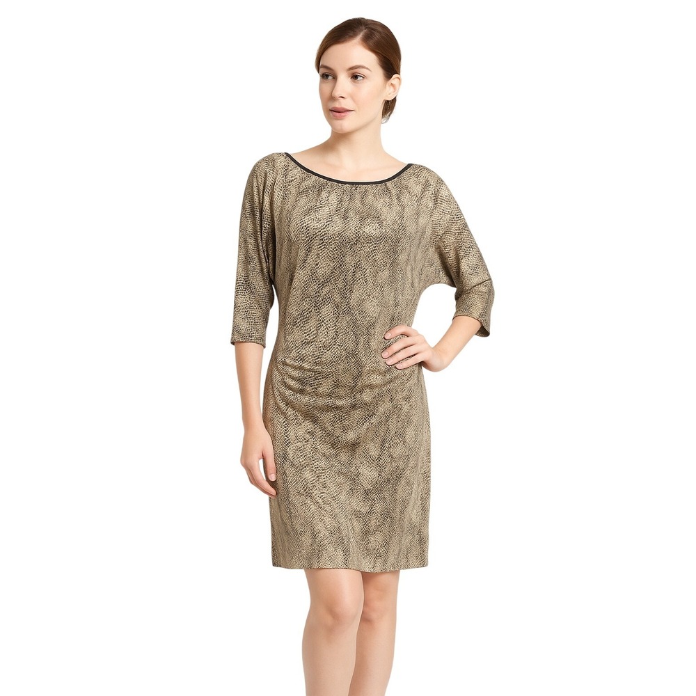 Allen B Allen Schwartz Dress XS Beige Black Snakeskin Print‎ Ruched Boho Chic